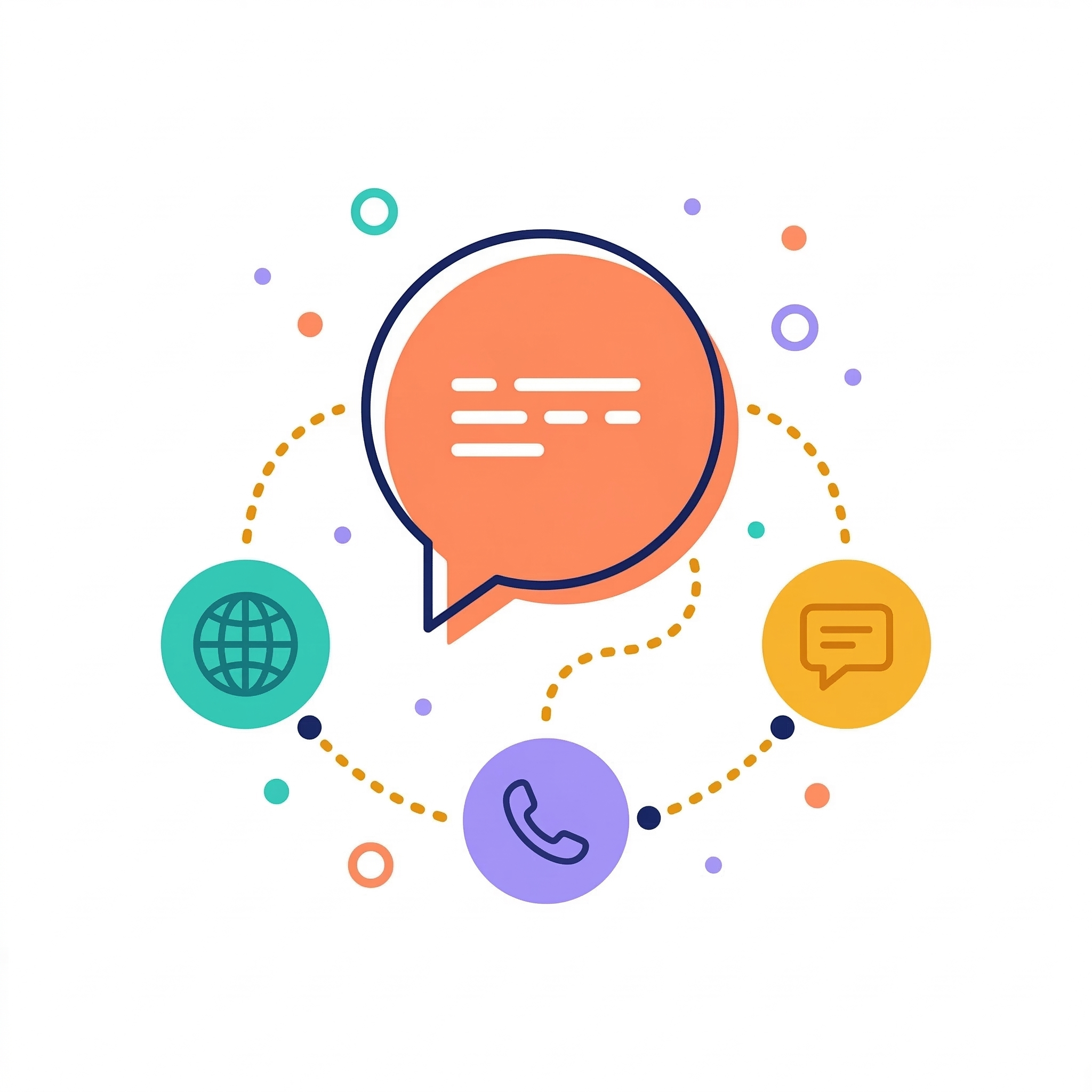 Illustration of an AI agent connected to website, WhatsApp, and messaging channels, representing nanogent.ai's managed AI agent service